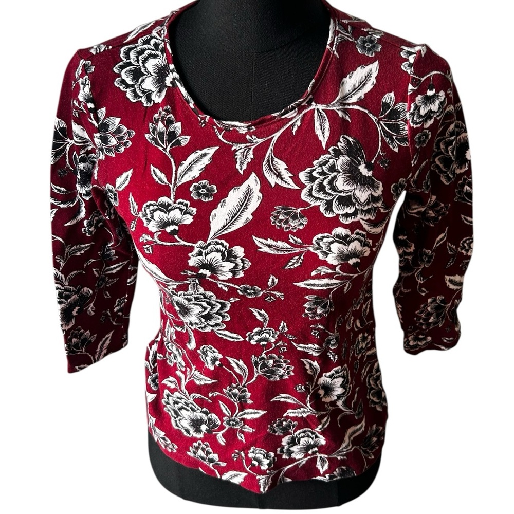 Charter Club Burgundy Floral Cotton 3/4 Sleeve Blouse Petite Small